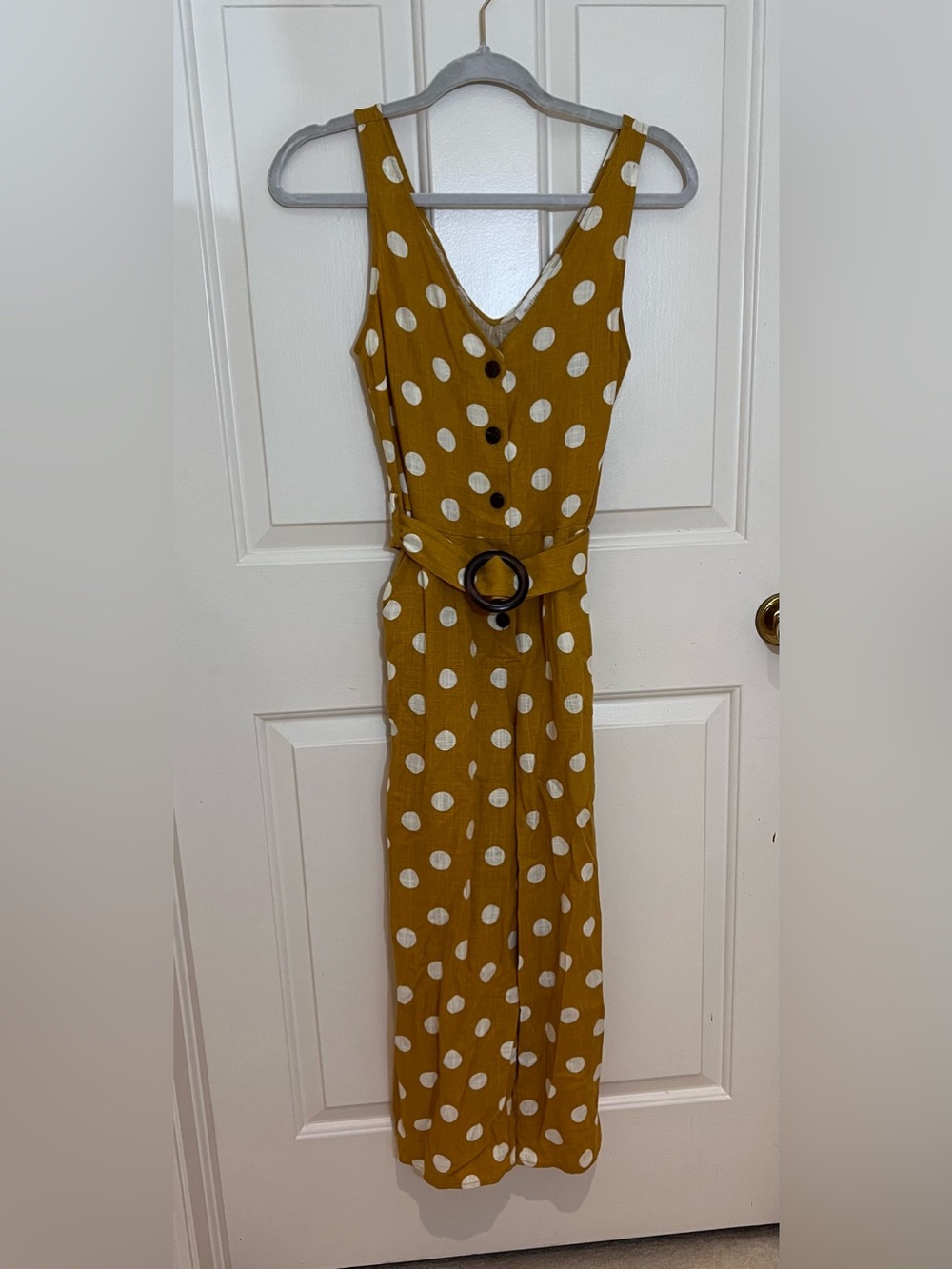VINTAGE Polka Dot V-Neck Belted Jumpsuit in Mustard. From Palm Springs, CA